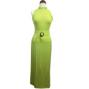Vintage Dolphin California Lime Green Crochet Knit High Neck Belted Maxi Dress